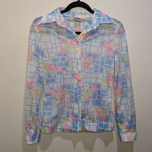 Vintage 1970s Flower Power Blue Haymaker Button Down Semi Sheer Size 8 Small